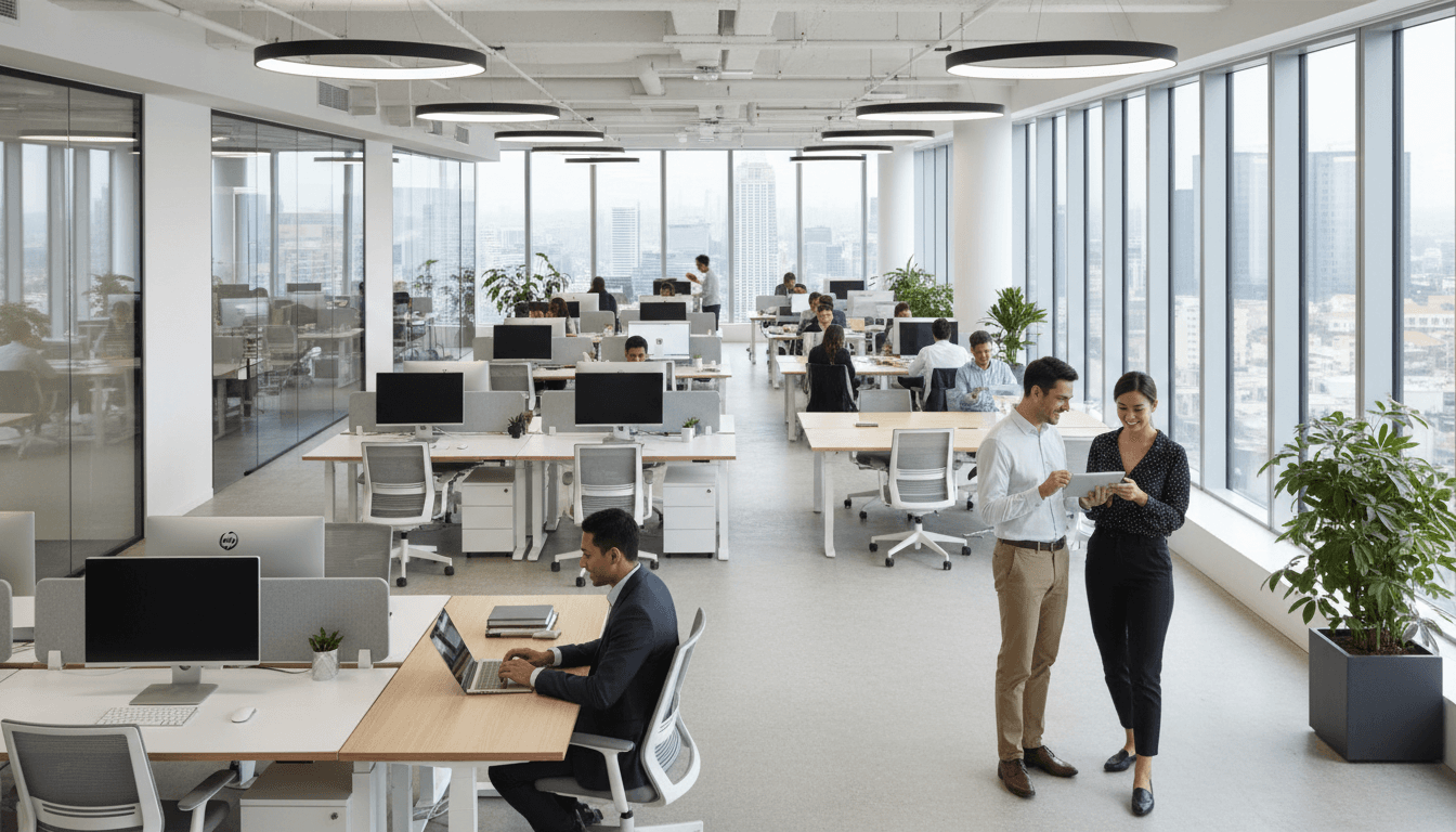 Clean modern open-plan office with desks and cubicles