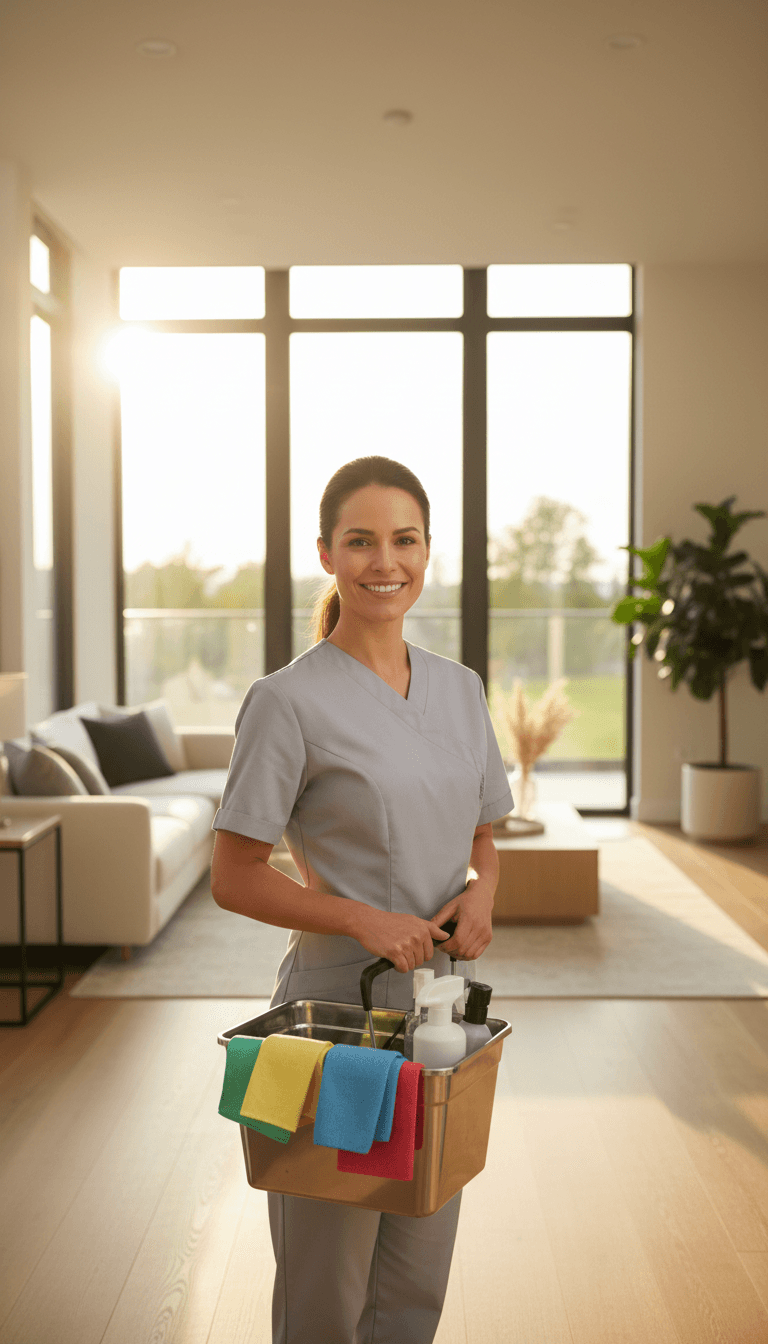 Experienced professional cleaner with caddy of supplies in bright living room