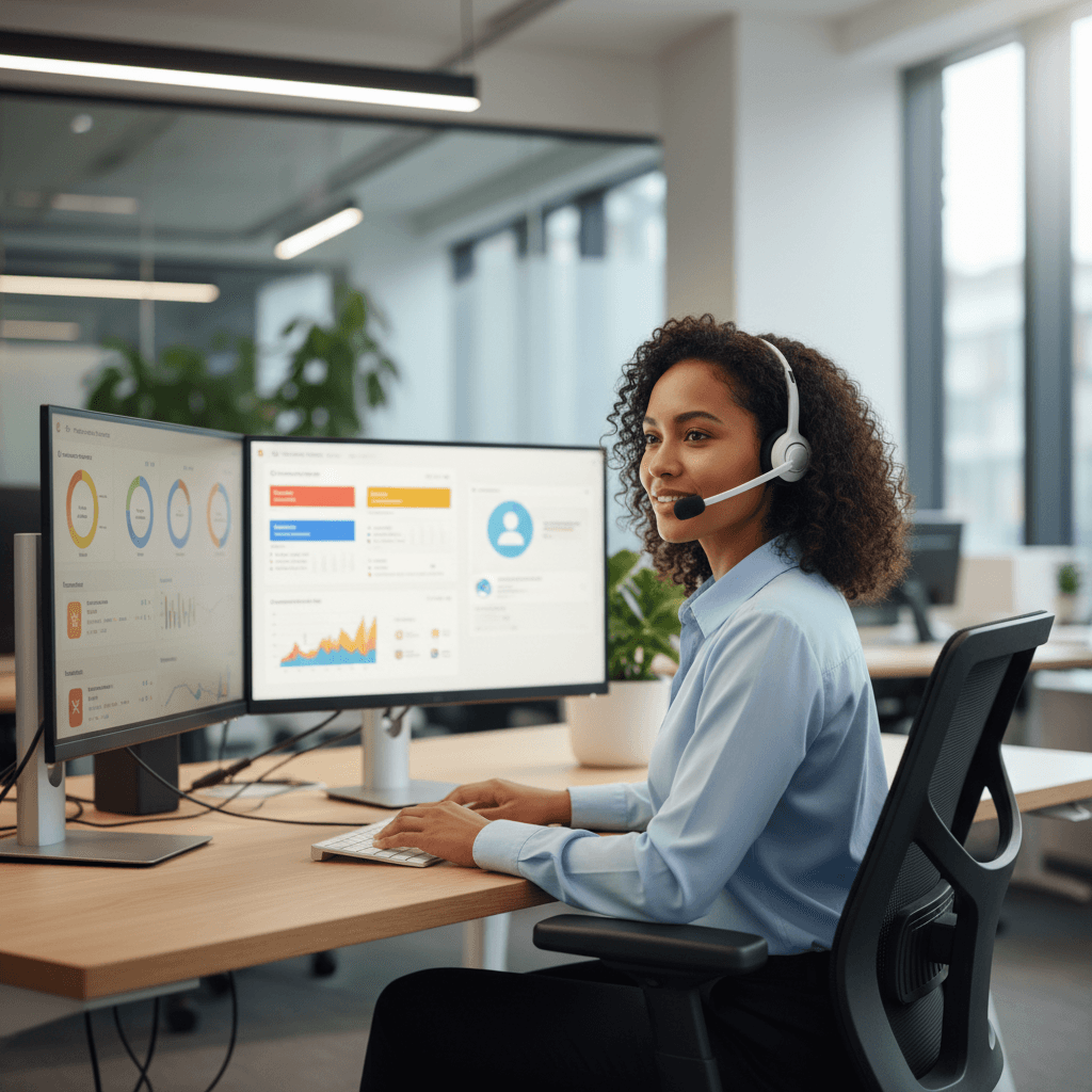 Customer service representative on phone call at desk with laptop