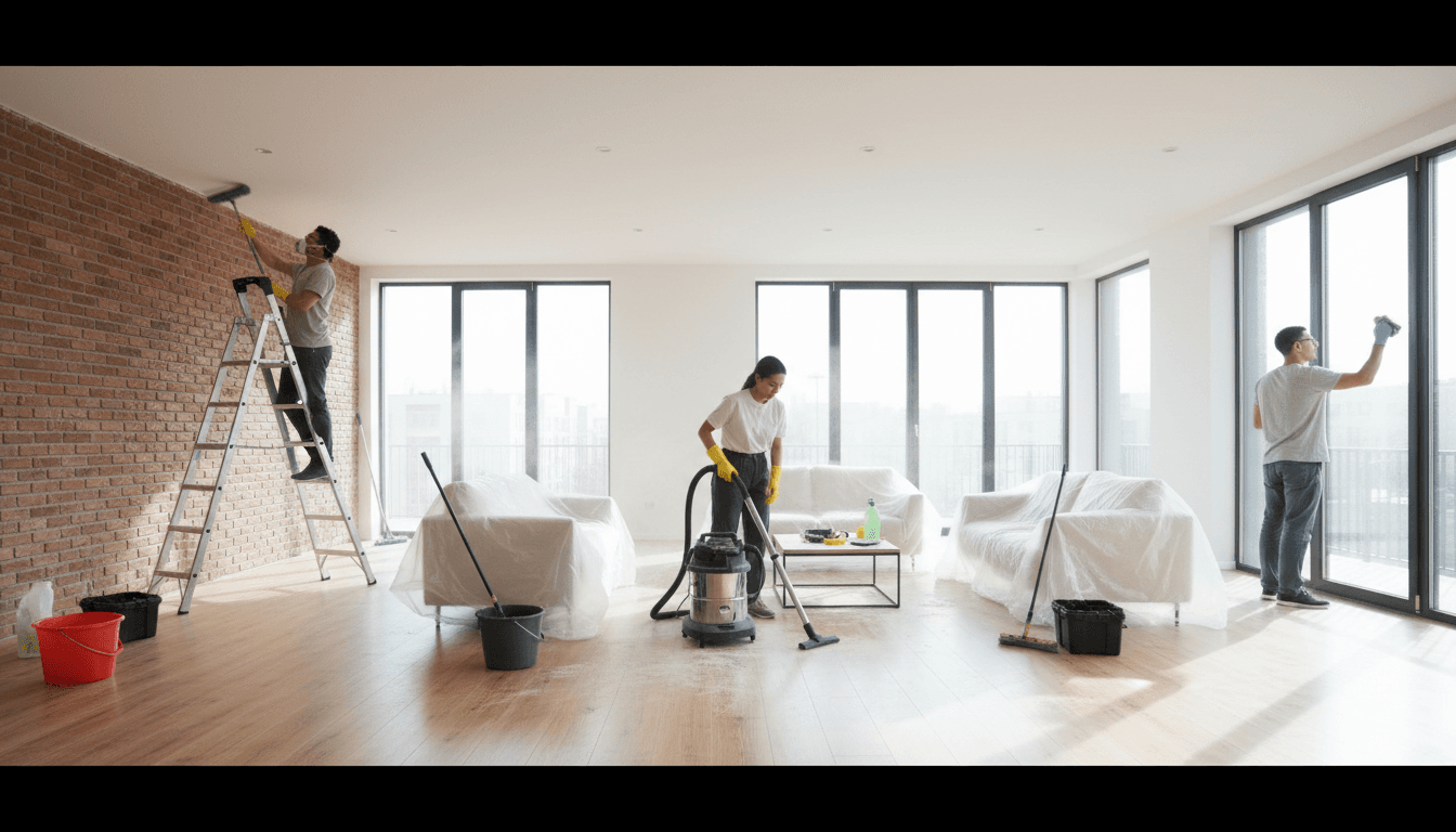 Professional cleaning crew removing debris from newly renovated room