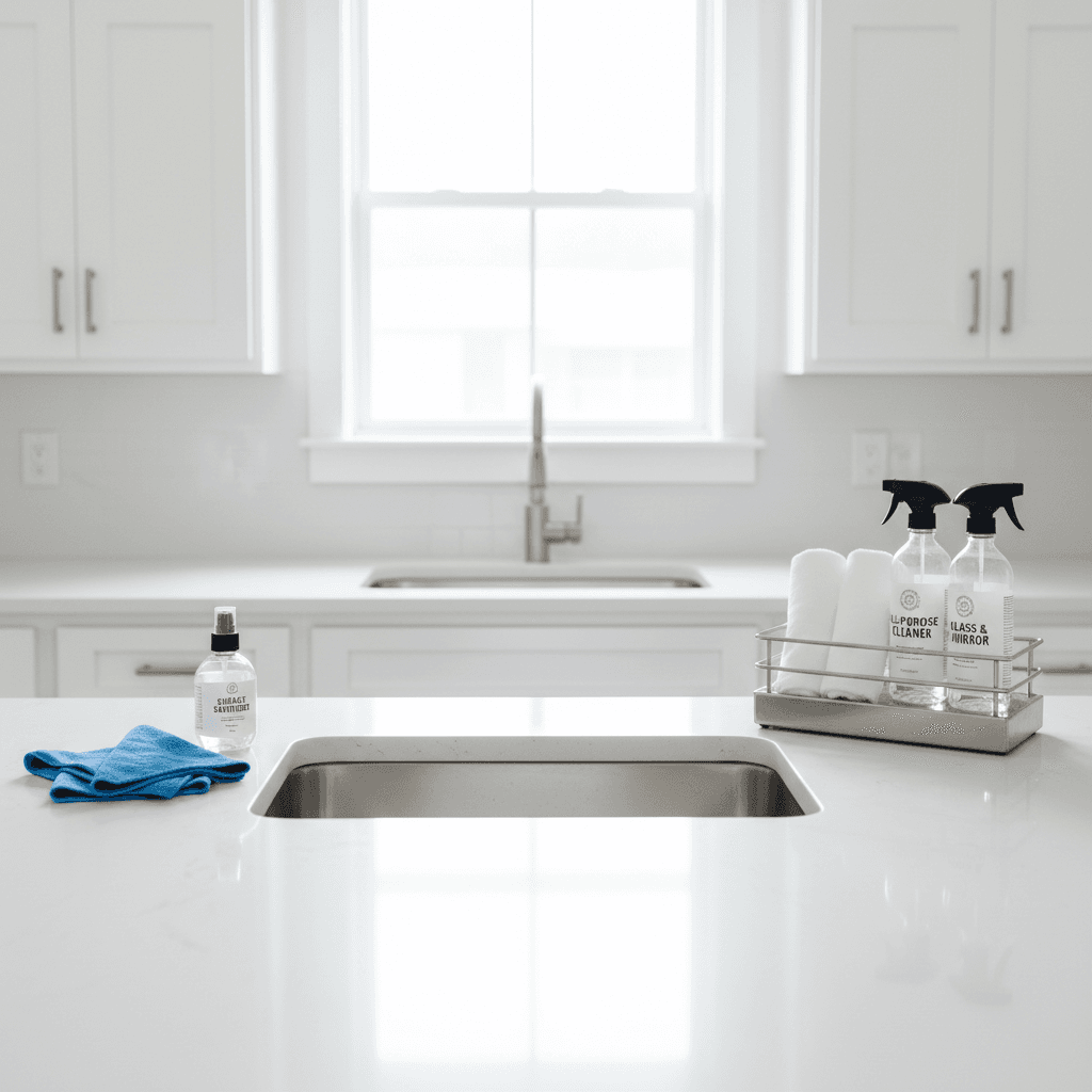 Clean office break room kitchen with sink and counter