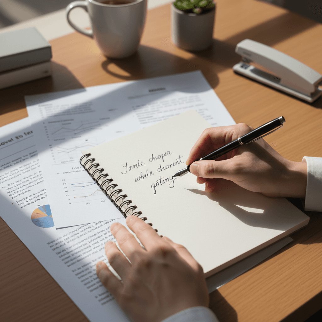 Close up of a hand holding a pen over a clean white estimate sheet on a wooden desk