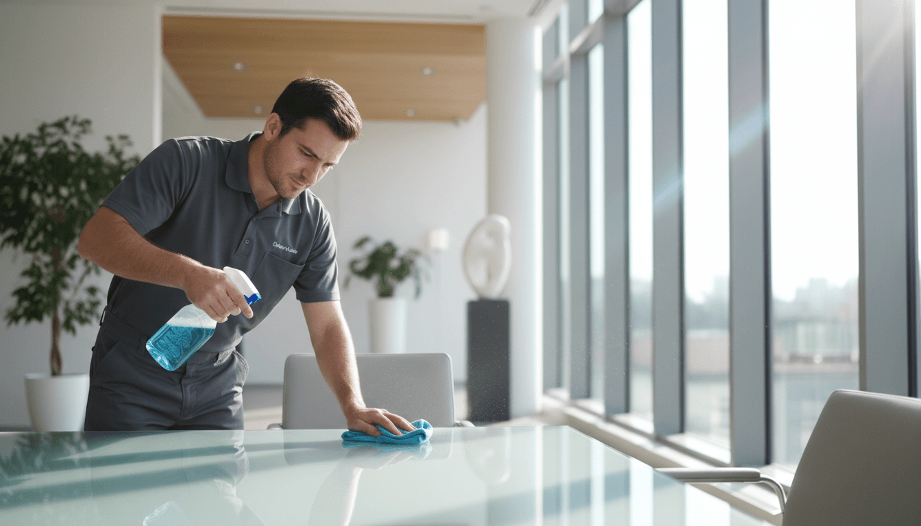 Cleaner wiping a window in a bright living room