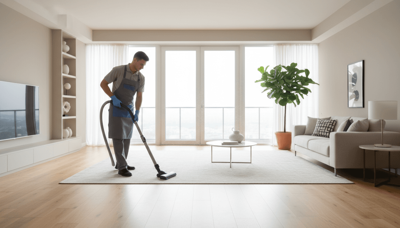 Professional cleaner in uniform holding cleaning supplies in a bright modern living room
