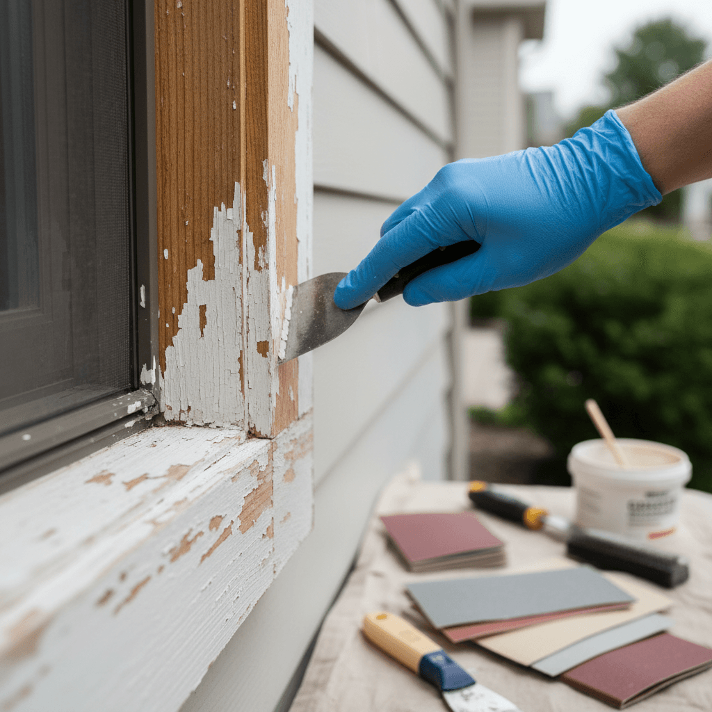 Gloved hand cleaning a baseboard