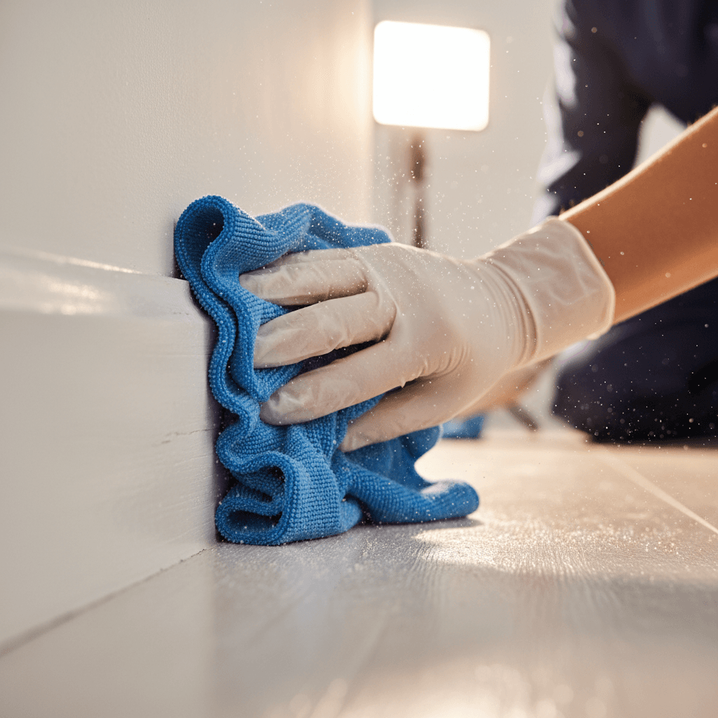 Cleaner wiping a baseboard with a microfiber cloth in a bright room